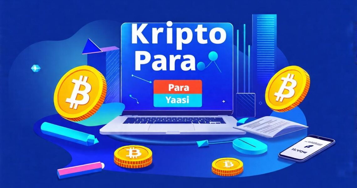 An illustrated graphic featuring a laptop with the words "Kripto Para" on the screen, surrounded by cryptocurrency icons such as Bitcoin, a smartphone, documents, and financial charts, set against a vibrant blue background.