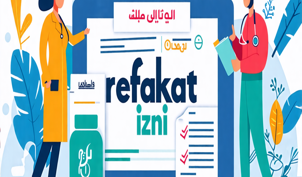 Illustration of two healthcare professionals near a large monitor displaying Arabic text, with the phrases "refakat izni" and various medical icons and decorative elements.