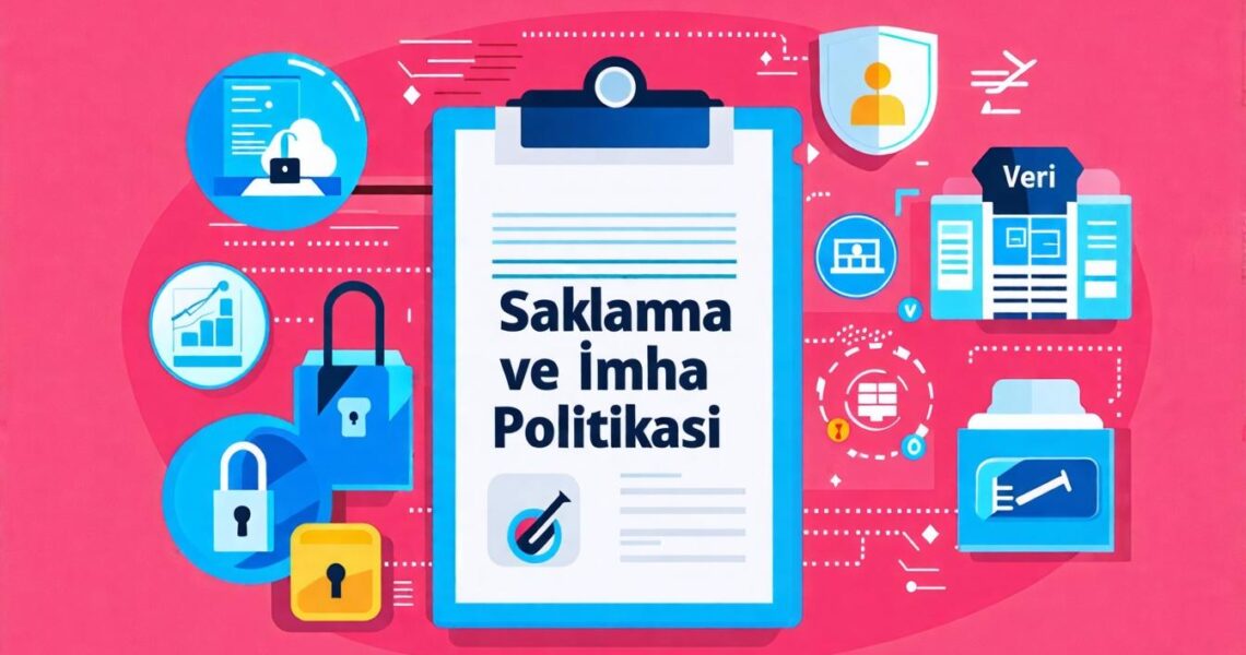 A colorful illustration depicting data storage and destruction policy, with various icons such as a clipboard with the text "Saklama ve imha Politikası," a laptop with a cloud, a lock, analytics graphs, a shield with a user icon, and file folders, all against a pink background.