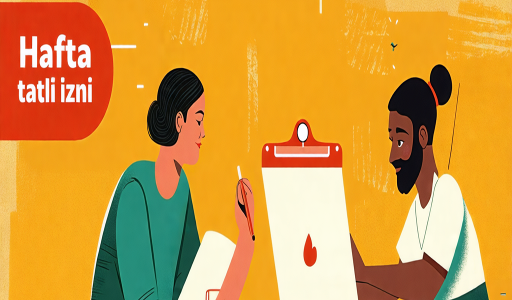 An illustrated image showing two people at a table with one person writing on a sheet of paper on a clipboard and the other observing. The background is a warm yellow with text in Arabic and the phrase "Hafta tatili izni" in the top left corner, which translates to "Weekend leave" in Turkish.