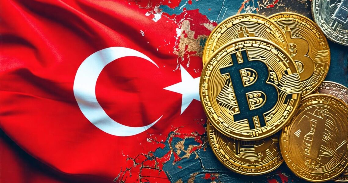 A Turkish flag partially covering a cracked surface with Bitcoin coins scattered around, symbolizing cryptocurrency in Turkey.
