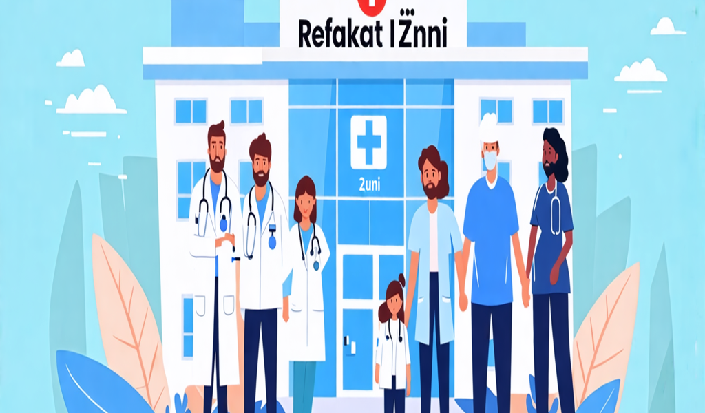 Illustration of diverse medical staff, including doctors and nurses, standing confidently in front of a hospital building with the text "Refakat İzni" displayed on it.