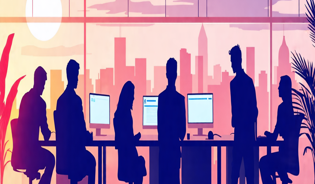 Silhouetted figures of businesspeople working at desks and standing in a modern office with a sunset view of a city skyline in the background.